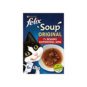 PURINA Felix Soups υγρή τροφή γάτας με βόδι, κοτόπουλο και αρνί 288g