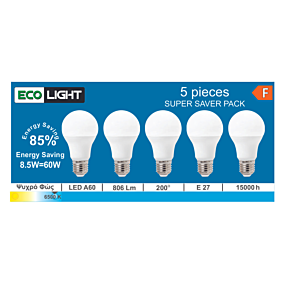 ECOLIGHT λάμπες LED E27 8,5W ψυχρό φώς 5τεμ.