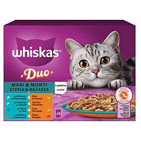 WHISKAS τροφή γάτας Duo σε ζελέ φακελάκι στεριά & θάλασσα 12x85g